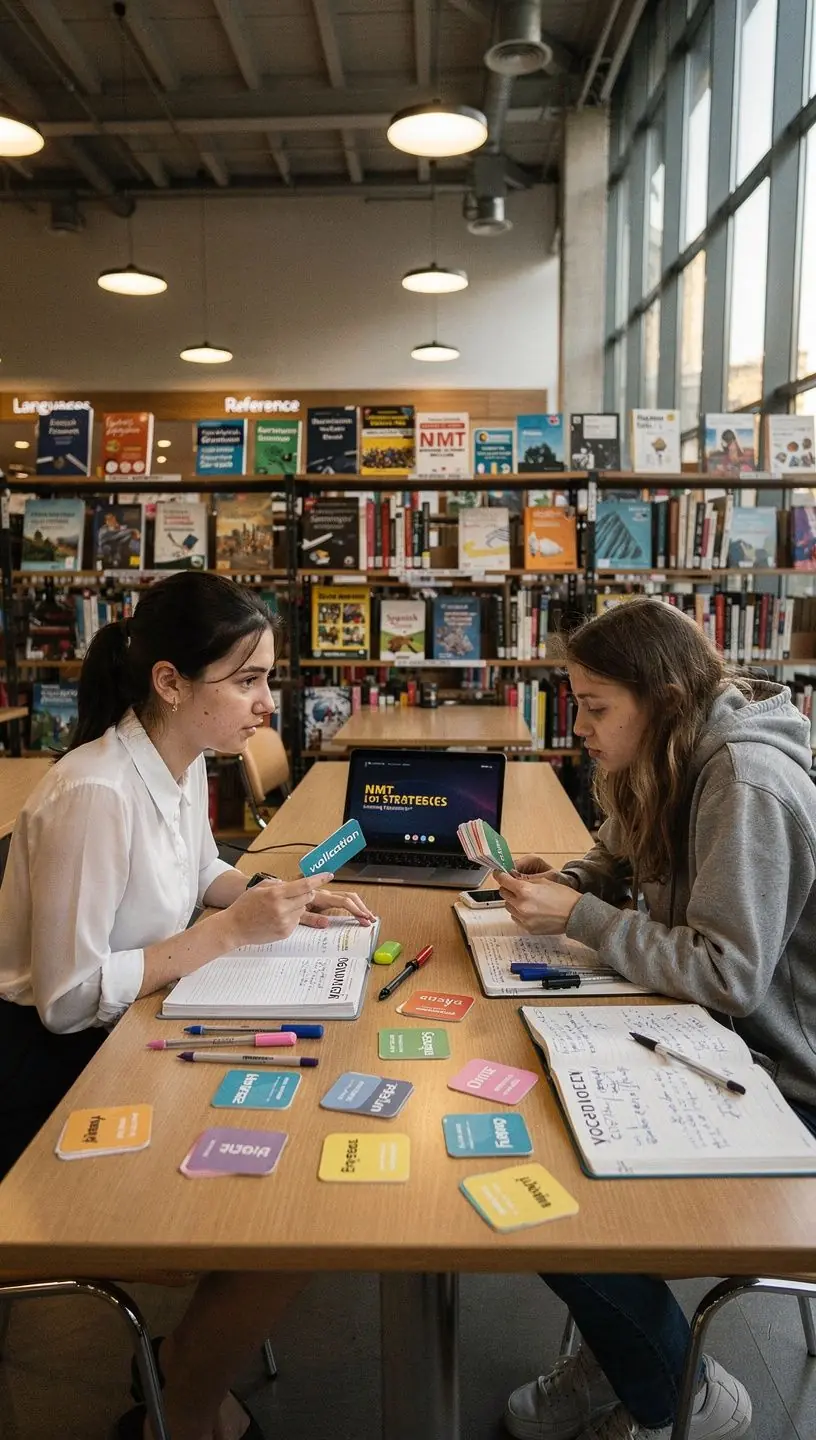 Young adult reviewing English grammar and vocabulary flashcards for exam improvement